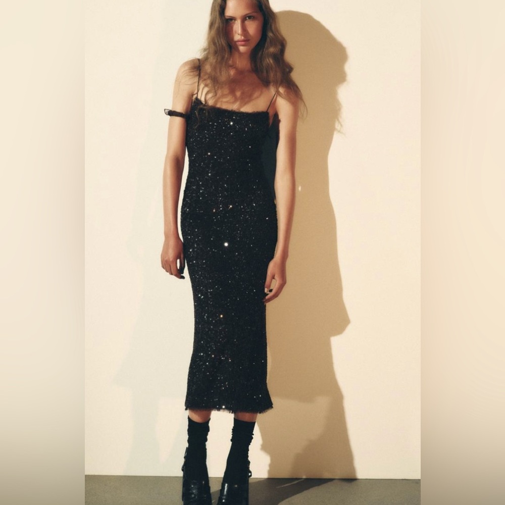 NWT ZARA ZW Collection Sequined Slip Dress in Chocolate